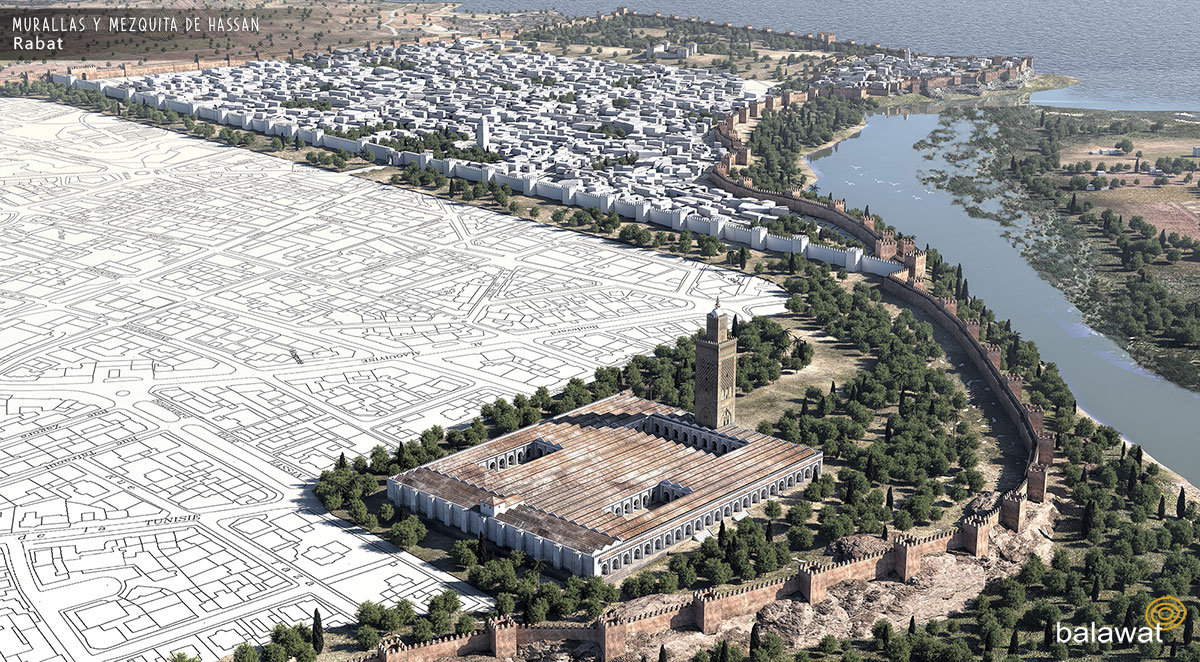 Vista aérea de murallas y mezquita de Hassan en Rabat, con río y ciudad amurallada.