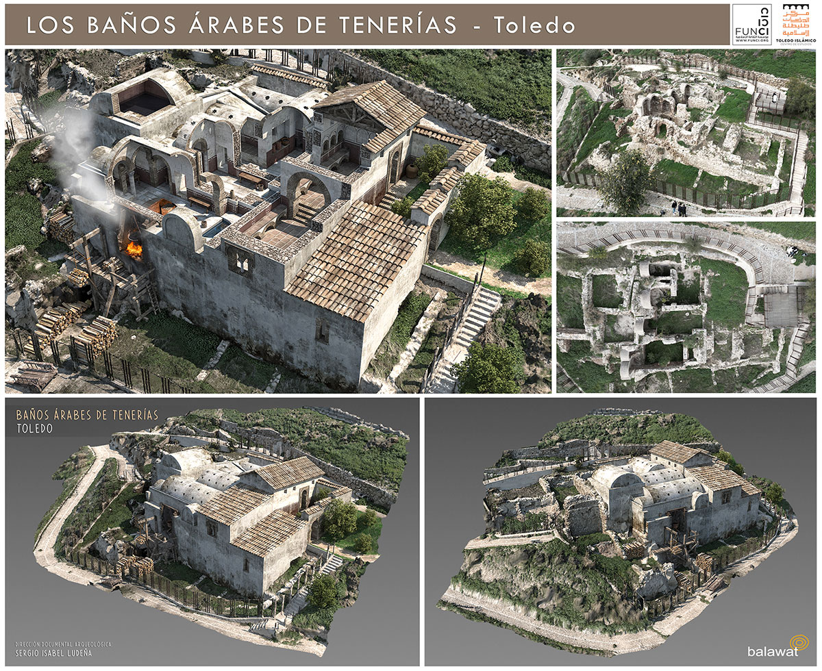 Complejo arqueológico de baños árabes en Toledo, vista aérea con patios, arcos y tejados 