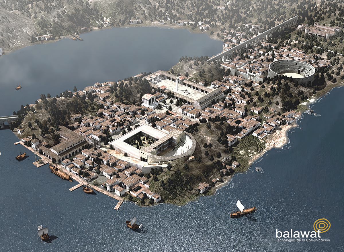 Vista aérea de una ciudad romana junto al mar, con muelles, edificios 