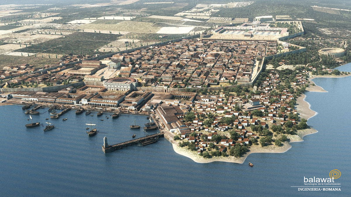 Vista aérea de un asentamiento amurallado junto al mar, con calles, patios y muelles con barcos.