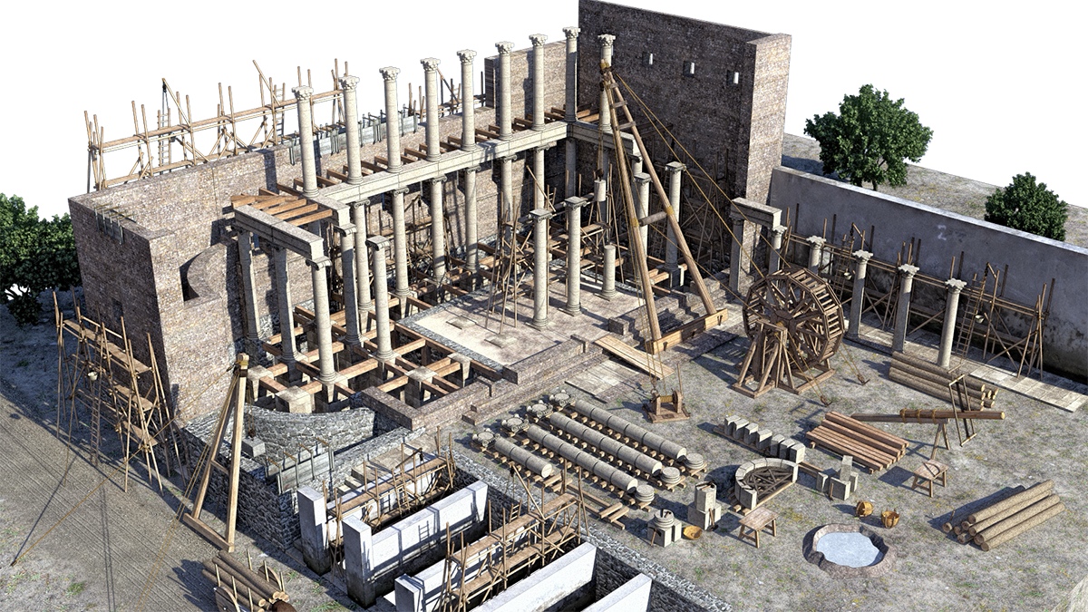 Reconstrucción 3D. Maqueta de una basílica romana en construcción, con columnas de piedra, andamios y herramientas en el patio.