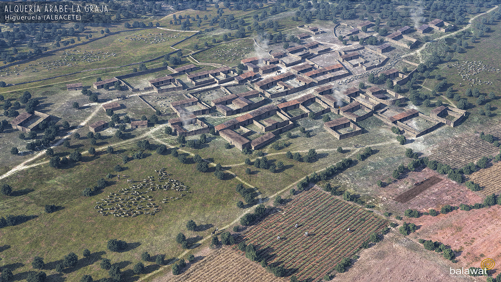 Vista aérea de una alquería árabe con murallas, casas de adobe y campos verdes alrededor.