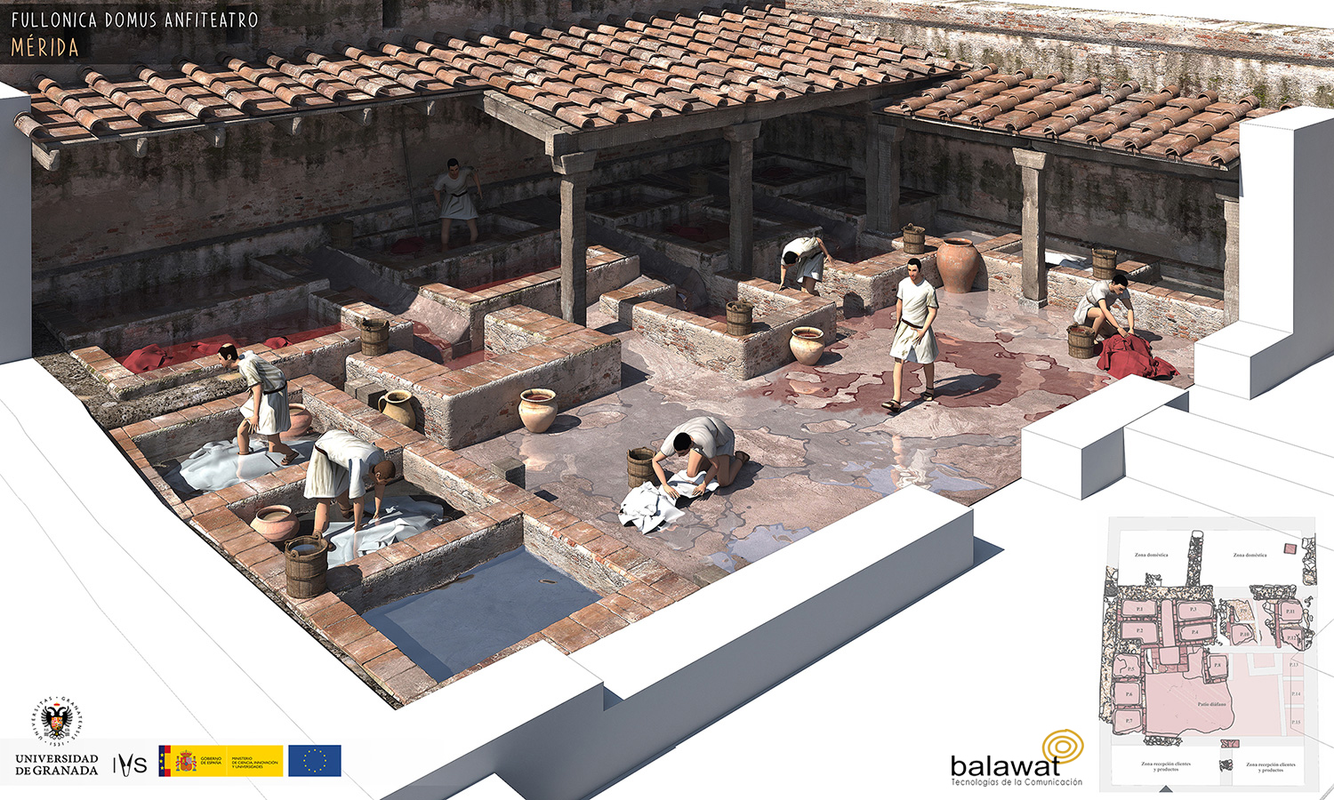 Reconstrucción de una fullónica romana con personas trabajando y vasijas de cerámica en el suelo.