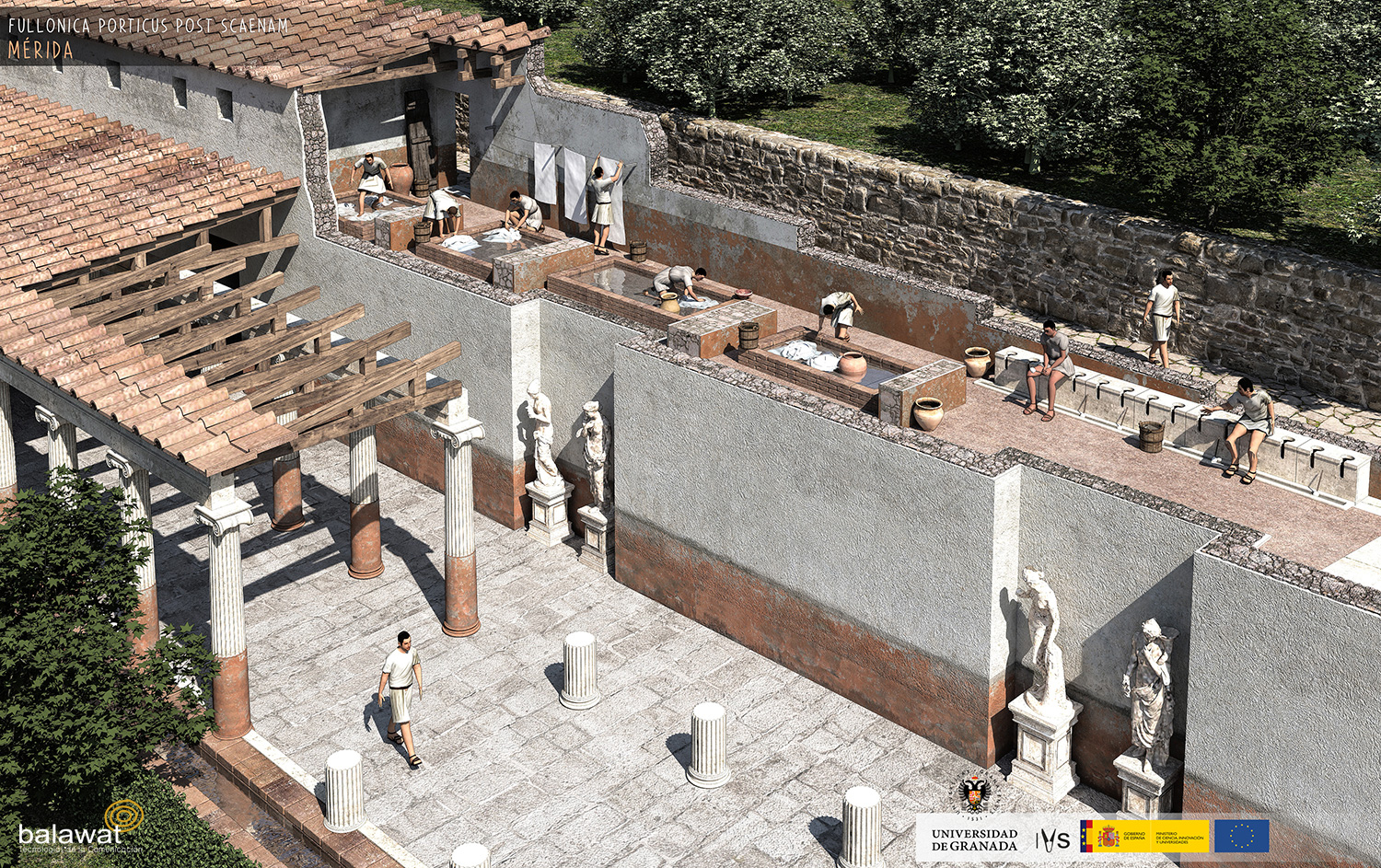 Fullónica romana. Letrinas y estatuas de piedra, personas trabajando en recipientes, rodeado de muros y vegetación.