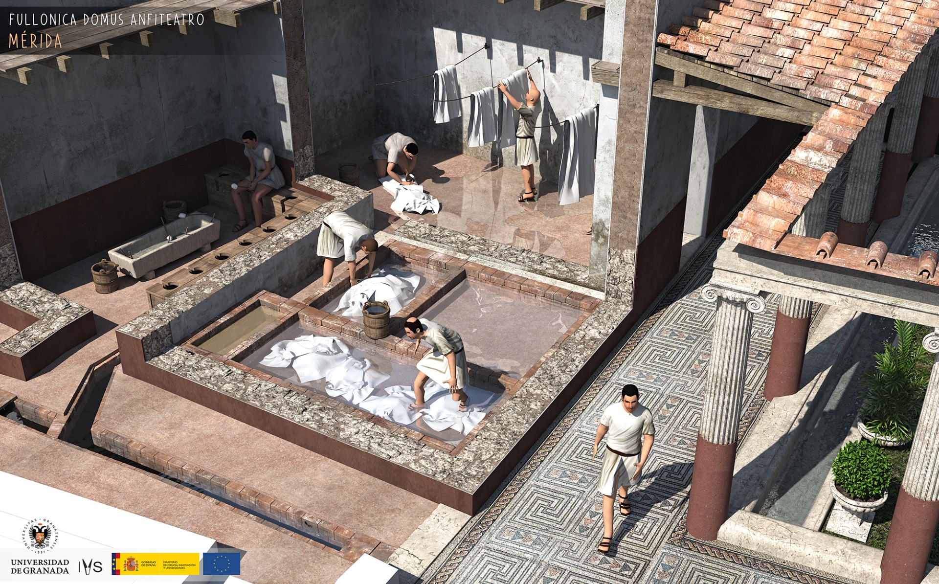 Escena de recreación de una fullonica en una domus romana, con personas trabajando y tendiendo telas blancas.
